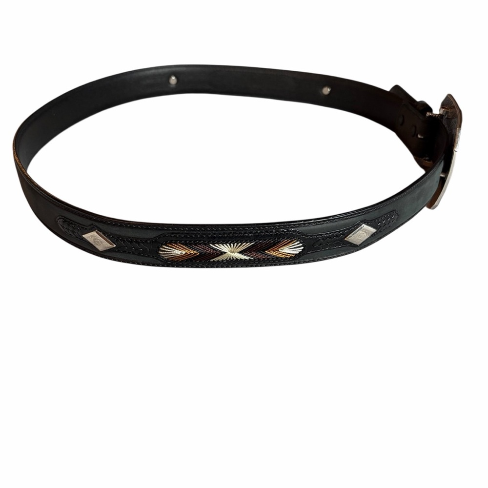 BLACK GENUINE LEATHER WESTERN BELT W/ LONGHORN BUCKLE SZ 44 - Picture 8 of 8